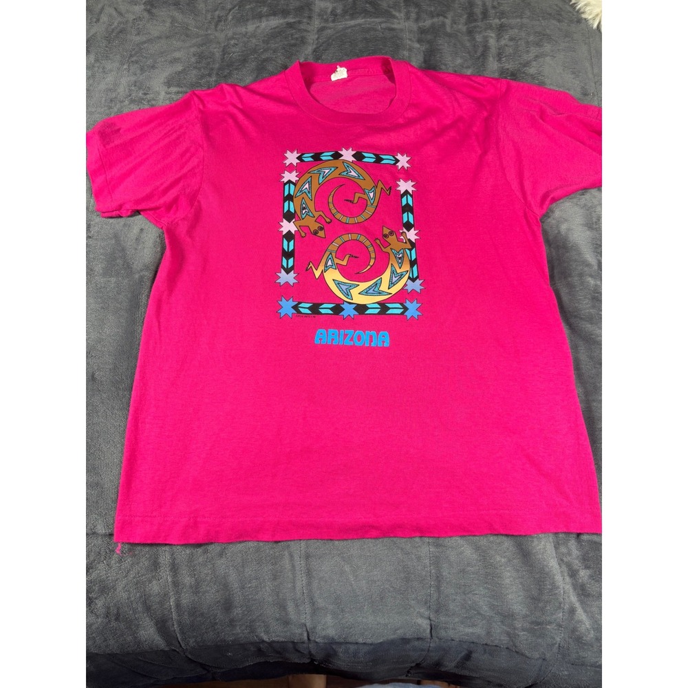 Vintage Screen Stars Arizona Lizard Graphic T-Shirt Pink 1990 USA Mens L 20x25.5